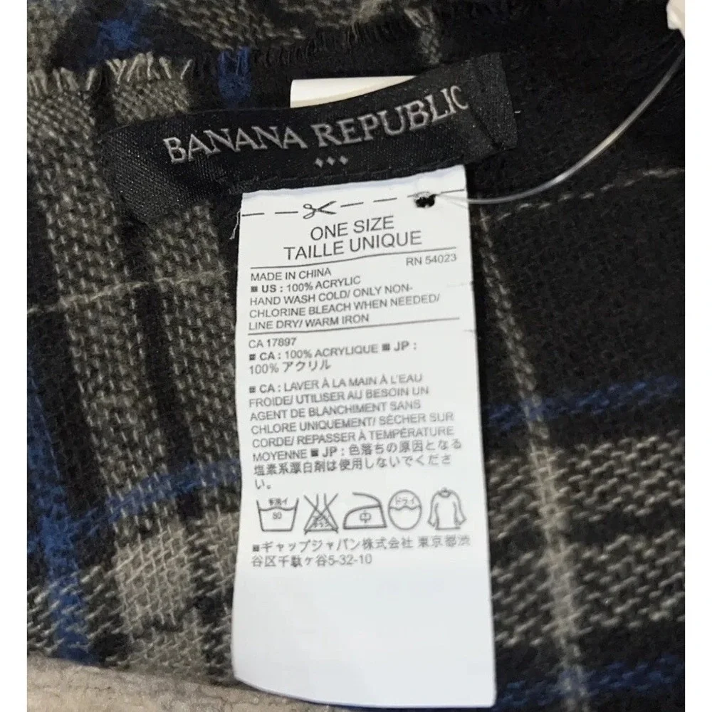 Banana Republic Scarf Plaid Check Blue Black Gray Preppy 12.5 X‎ 66 New